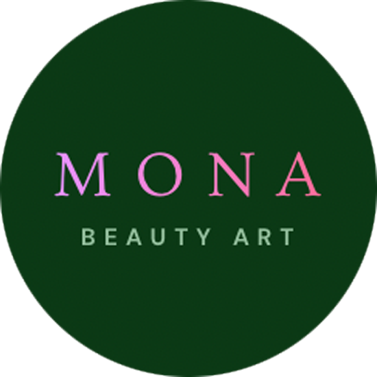 A dark green circle with "MONA" in pink and "BEAUTY ART" in light green below it.