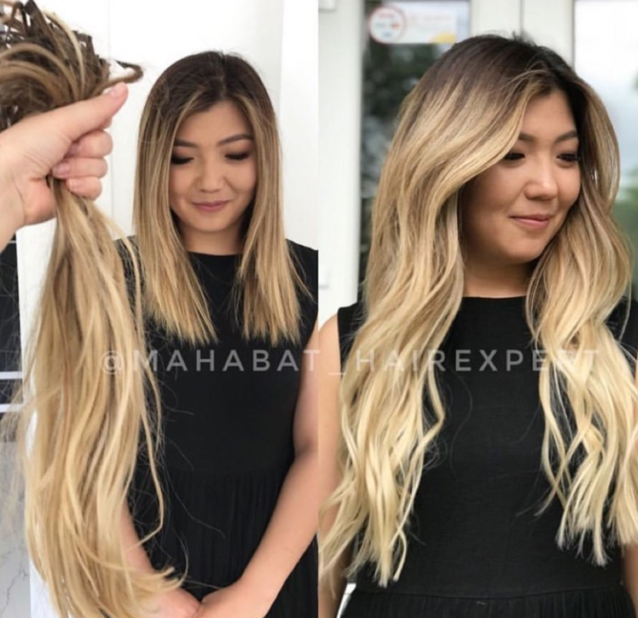 Before and after photo of a woman getting long, wavy blonde hair extensions added to her dark hair.