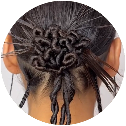 Back view of an intricate braided hairstyle with twisted and looped sections, and two braided strands hanging down.